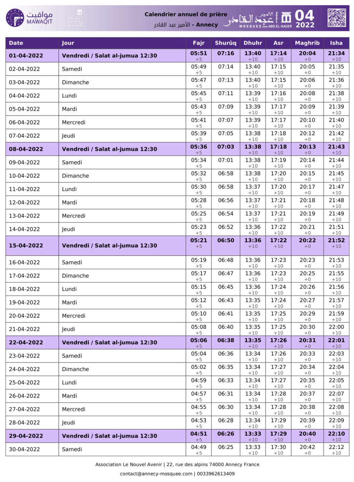 Horaires de prière Mosquée d'Annecy